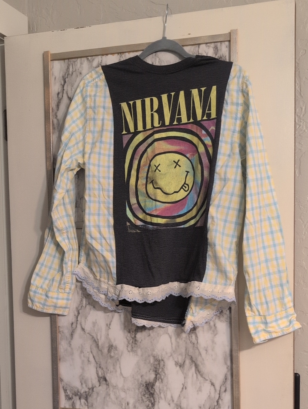 NIRVANA Yellow Plaid & Black Graphic Mixed-Media Button Down